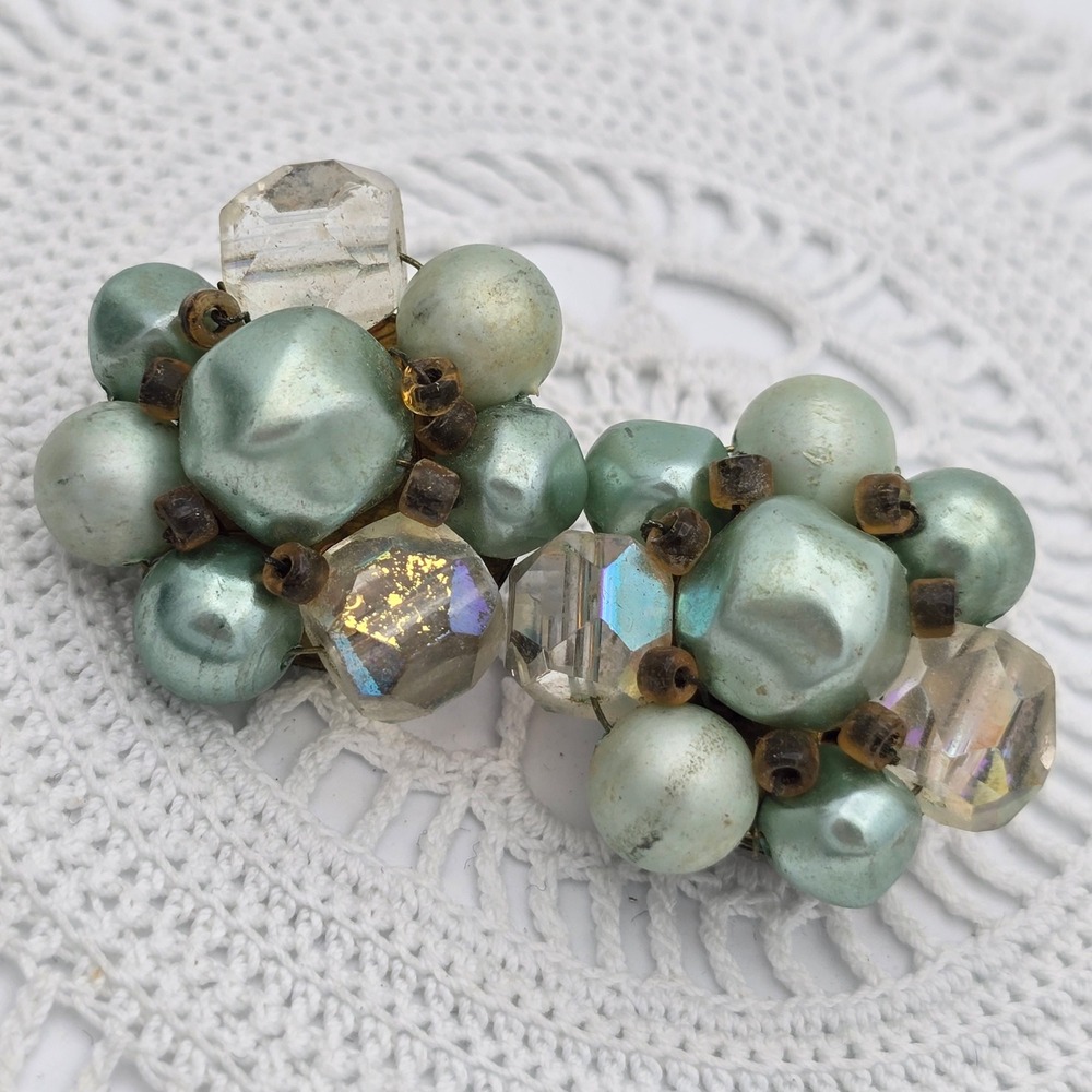 Vintage Japan Cluster Clip On Earrings Seafoam Green Faux Pearl Aurora Borealis